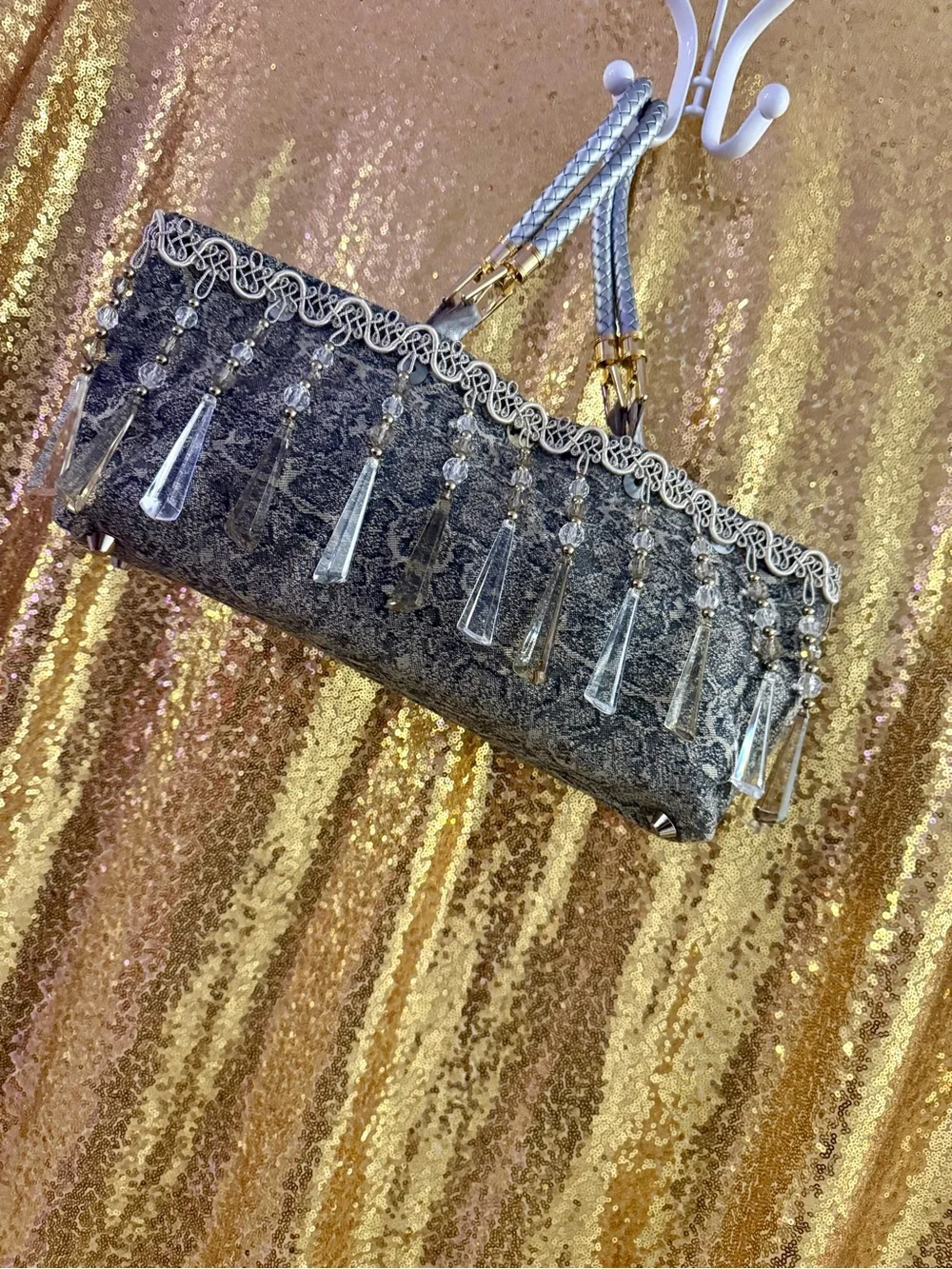 Gray Beaded Fringe Evening Clutch with Crystal Tassels